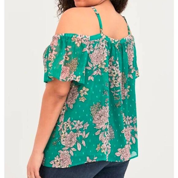 Torrid green & pink floral metallic swiss dot cold shoulder strappy neck top 2X - Picture 2 of 7